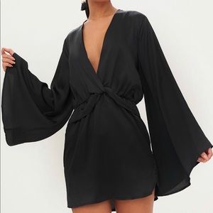 Black Satin Kimono Sleeve Plunge Shift Dress